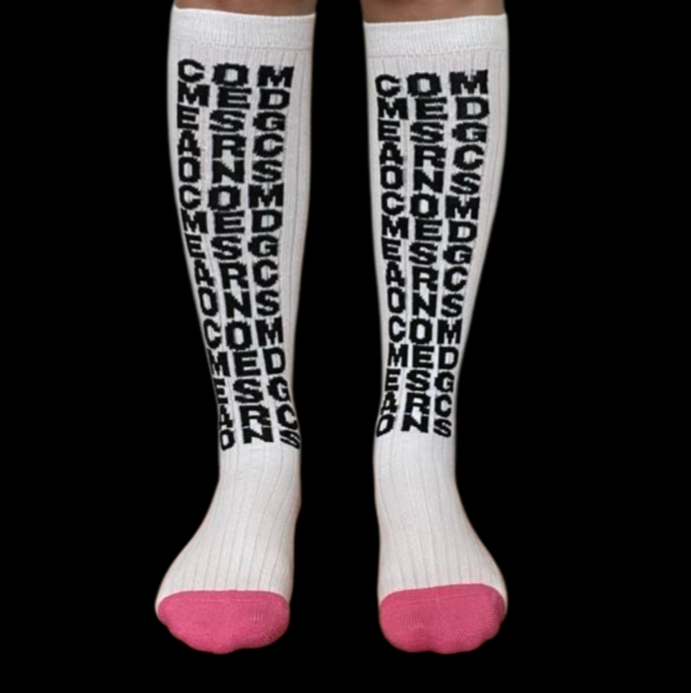 NWT Comme des Garcons White Pink logo socks Sz L